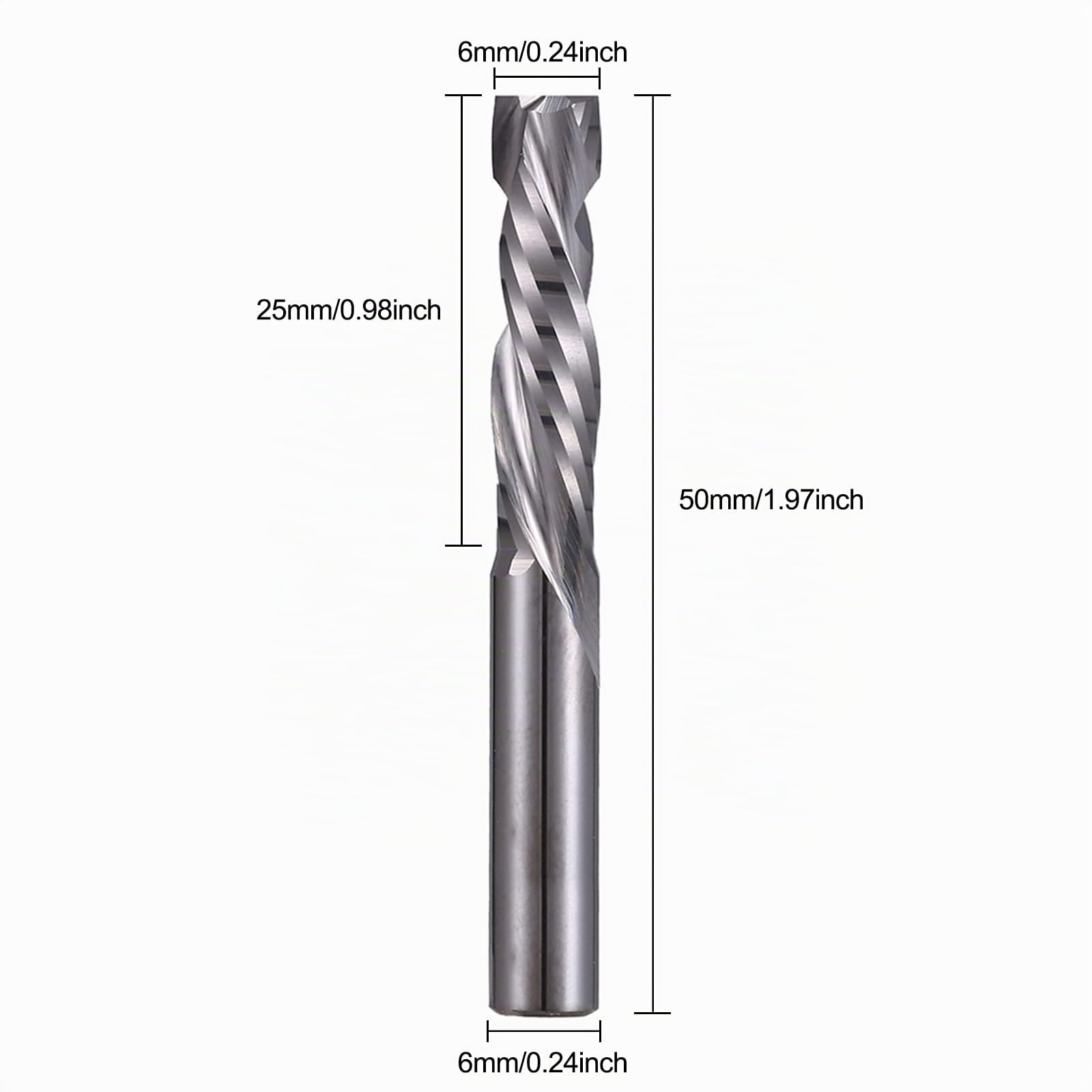 Punta da taglio bidirezionale a doppia spirale in metallo al carburo, per fresa CNC a compressione, per il taglio del legno, 6 x 25 mm