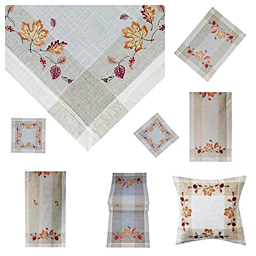 Tischdecke Mitteldecke Tischläufer Deckchen Kissenhülle Herbst 15% Leinen beige Bestickt mit Ahorn und Buchen Blättern ín herbstlichen Farben (85 x 85 cm)