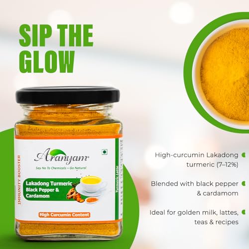 Image of Aranyam Lakadong Turmeric Drink Mix 40g - High Curcumin 7-12% Turmeric Powder from Meghalaya, Infused with Black Pepper & Cardamom, Ideal for Golden Milk, Latte, Herbal Tea & Health Drink