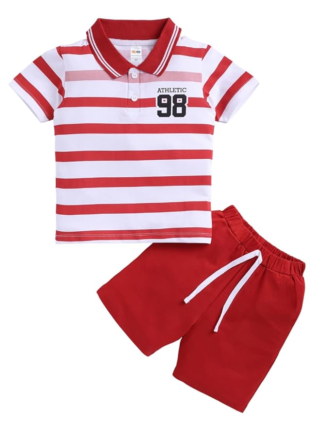 LITTLE NINJA Pure Cotton Knee Length Half Sleeve Strip Themed Tee & Shorts Set - Red 0-6M