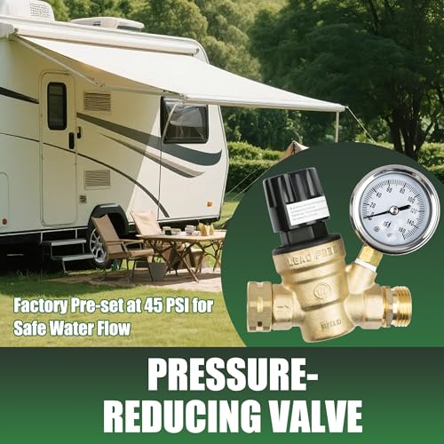 Image of U.S. Solid 3 /4 in GHT RV Water Pressure Regulator, Handwheel-Adjustable Lead-Free Brass Valve with 0-160 psi Gauge and Inlet Filter, for RV Camper Trailer and Garden Hose