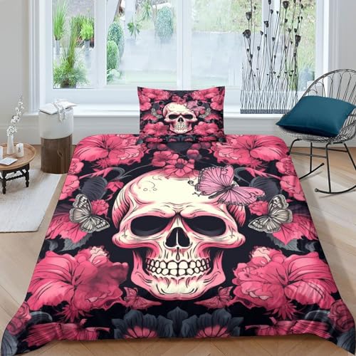 Housse de couette crâne de papillon parure microfibre zippée lit 1 place