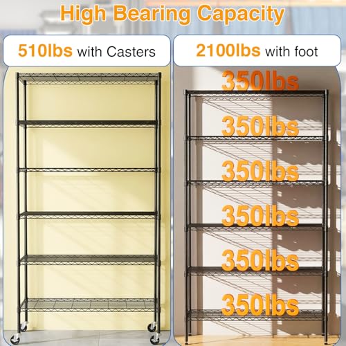 Image of BestOffice | 6-Tier Wire Shelf with Wheels | 18 inch x 45 inch x 82 inch | Black