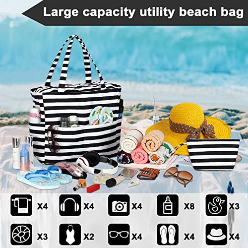 Loidou Large Tote Beach Bag For Women Men Waterproof Sandproof Pool Swim Bag With Zipper & Wet Pockets Tote Shoulder Bag For Gym Travel Work Teacher Grocery (Stripe) #TOP4