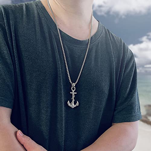 Bahamut Mens Nautical Anchor Necklace For Men Boys Vintage Cool Navy Anchor Pendant Stainless Steel Jewelry With Rope Link Chain Gift For He (Silver) #TOP2