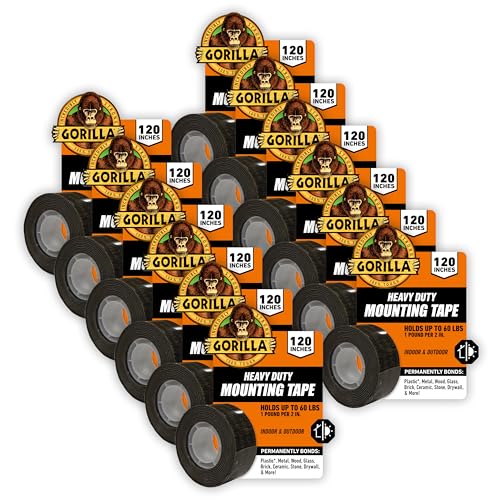 Image of Gorilla Heavy Duty Double Sided Mounting Tape, Black Tape, 1 inch x 120 inch (Pack of 12) - Weatherproof for Indoor or Outdoor