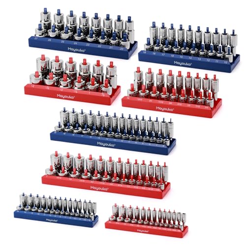 Image of Mayouko 8PCS 1 /4 inch, 3 /8 inch, 1 /2 inchDrive SAE & Metric ABS Socket Oganizer Set, Total 176 Posts, Deep & Shallow Socket Storage for Toolboxes, Socket Holder Tray for Drawer