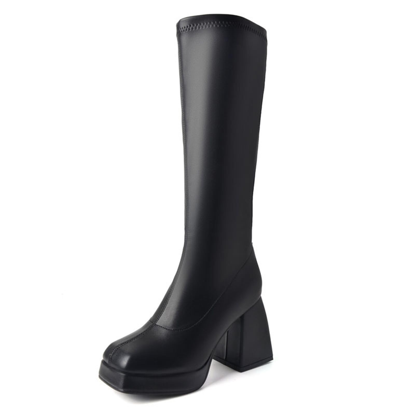 Knee High Boots for Women Square Toe Elastic Booties Platform Chunky Heel Stretchy Tall Boots Fashion Dress Long