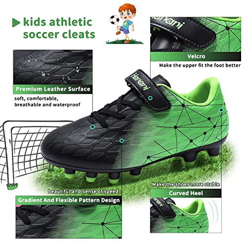 Hanani Kids Soccer Shoes Boys Baseball Cleats Girls Softball Cleat Outdoor & Indoor Firm Ground Youth Football Shoe Anti-Slip Comfortable Flexible Running & Training Unisex Child Black/Green