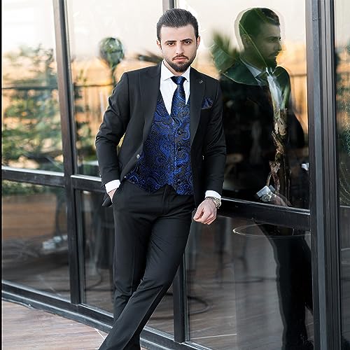 Image of DiBanGu Mens Paisley Vest Silk Sleeveless Suit Vest and Neck Tie Pocket Square Cufflinks Set for Wedding Formal