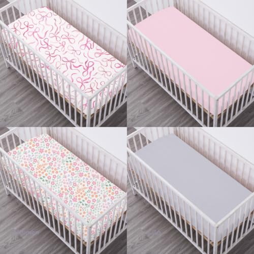 Image of Bimocosy Crib Sheets 4 Pack, Baby Crib Sheets Fitted for Boys and Girls Breathable & Snug Fit, Soft Toddler Bed Sheets for Standard Crib Mattress Nursery Daycare Essentials, Bows