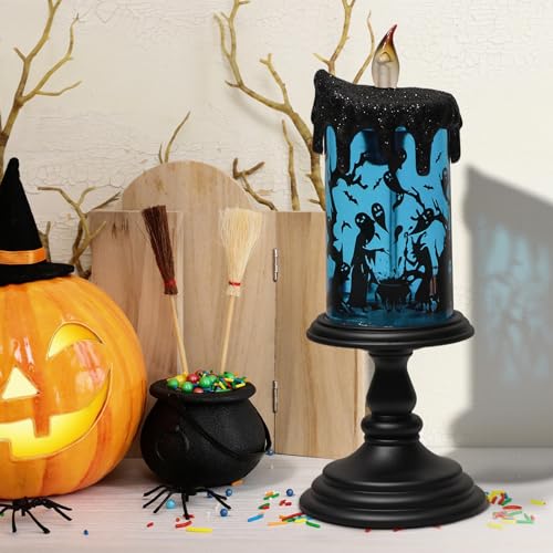 Image of Halloween Flameless Candle Battery Operated with 6 Hour Timer, Blue Lights Witch Decals Tornado Lamp LED Candle Halloween Indoor Decor 4 x 10 Inches
