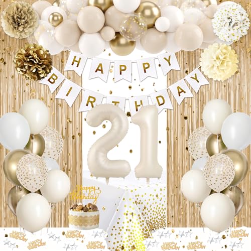 21st Birthday Decorations for Her, Happy 21st Bday Decorations White and Gold Balloons Happy Birthday Banner Tablecloth Fringe Curtain Cake Topper Paper Pom Poms Men Women 21 Bday Party Decor
