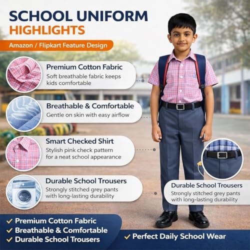 Image of Boys School Uniform Half Sleeve Checked Shirt with Pants Set - Comfortable Cotton Blend School Wear for Kids