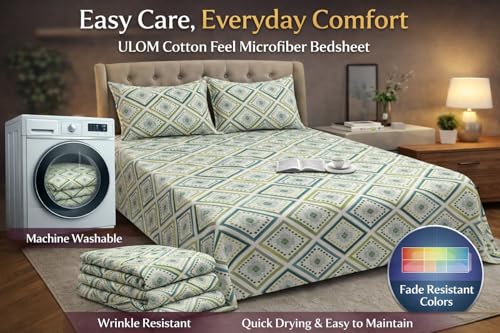 Image of Cotton Feel King Size Flat Bedsheet for Double Bed (90 x 100 Inches | 230 x 250 cm) with 2 Pillow Covers | Soft & Smooth Printed Bedsheet for Daily Use (Emerald, King Bed-90x100)