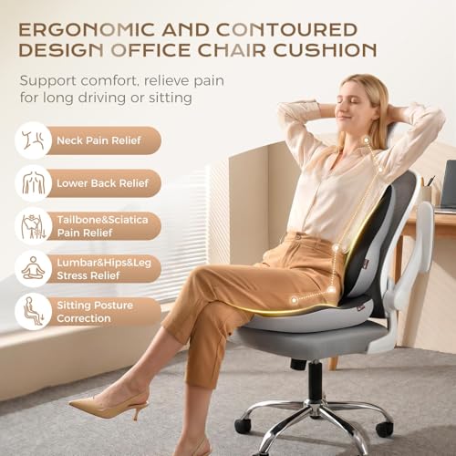 Image of Coverado Seat Cushions Neck Pillow Lumbar Support Pillow for Car, Memory Foam Office Chair Back Support Orthopedic Coccyx Cushion with Non-Slip Bottom Neck Butt Back Pillow for Chair Truck Gray&Black