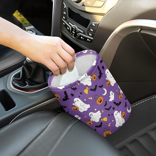 Image of Purple Ghost Bat Trash Can for Car Garbage Can for Back Seat Leak Proof with Adjustable Buttons Auto Accessories for Women Interior