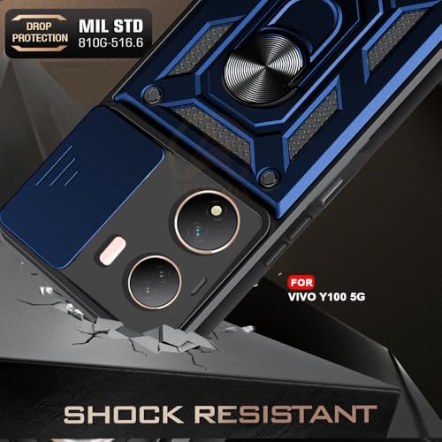 Image of Armor Bumper Back Cover Case for Vivo Y100 5G | Rotating Camera Cover, Ring Holder & Kickstand | Heavy Duty & 360 Degree Protection Vivo Y100 5G Back Cover (Blue)