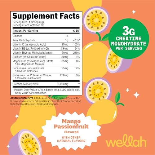 Image of Wellah Creatine + Electrolytes Powder (Mango Passionfruit) 30 Servings - Hydration Drink Mix with 3g of Creatine Monohydrate