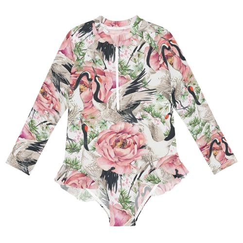 Ollabaky Baby Girls Long Sleeve Swimsuit Cranes Bird and Roses Flower One Piece Bathing Suit Rash Guard UPF50+ Toddler Girl Swimwear, 9-10T