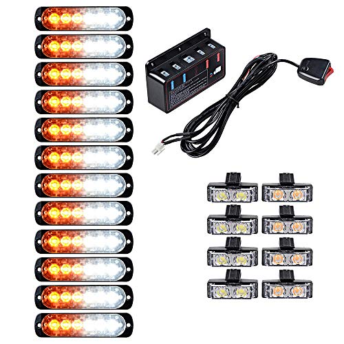 Astra Depot 12PCS Ultra Slim 6-LED 18W Emergency Hazard Caution Surface Mount Strobe Light & 8pcs Car Truck Grille Deck Dash Flashing Light - Amber White