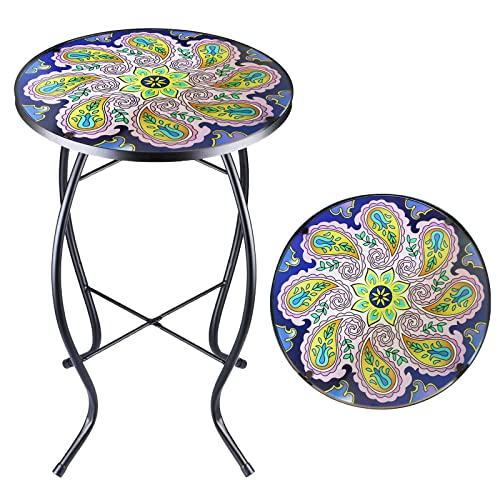 14 Inch Small Outdoor Side Table with Purple Flower, Glass Mosaic Patio Table Indoor, Round Plant Coffee Table for Living Room, Balcony, Garden