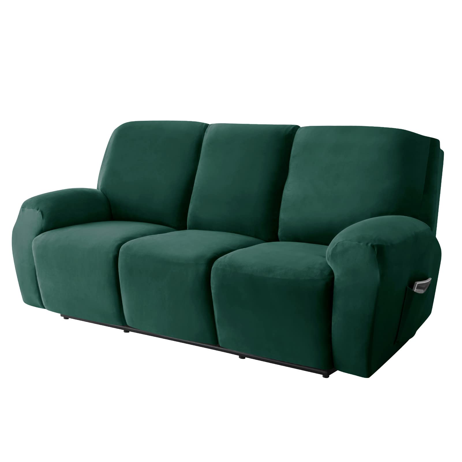 Housse de canapé inclinable 3 places SPOUR en velours extensible vert foncé 8 pièces