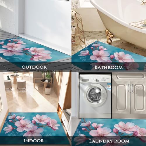 Tapis d'entrée 60 x 90 cm paillasson bleu-vert fleurs de cerisier - 8