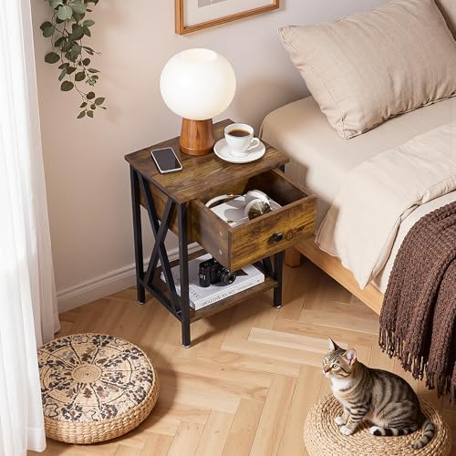 Image of VECELO Nightstand,Modern Bedside End Tables, Night Stand with Drawer and Storage Shelf for Living Room Bedroom, Industrial Metal Frame