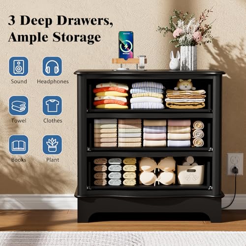 Image of 3 Drawers Dresser for Bedroom with Charging Station, 28 inch Wide Small Chests of Drawers, Farmhouse Wood Nightstand Bedside Cabinet End Table for Bedroom, Living Room, Closet, Black