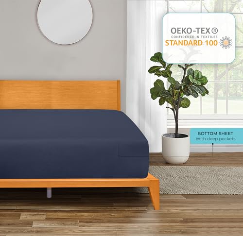 Image of ROYALE LINENS 300 Thread Count 100% Long Staple Combed Cotton Fitted Sheet California King - Super Soft Deep Pocket Bottom Sheet - Fitted Sheets Only - Elastic Sheets (Cal King, Navy)