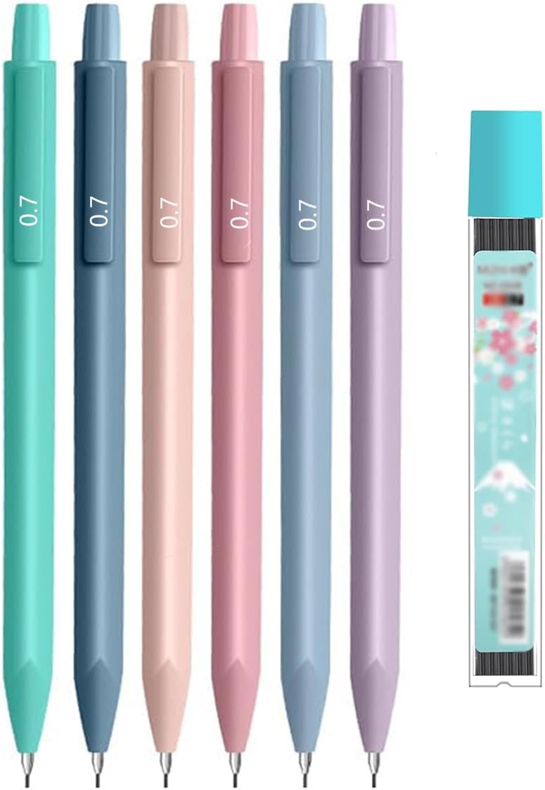 6PCS Mechanical Pencil Set (0.7mm) Multicolor, Modern, Retractable, Refillable, Ergonomic Grip, Ideal for Drawing, Writing, Sketching, Painting, Gift for Learning