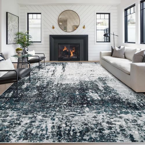 8x10 Area Rugs Washable Rug, Soft Modern Abstract Rugs for Living Room Large Low Pile Thin Rug Non Slip Indoor Neutral Carpet for Bedroom Dining Room Farmhouse Office Kids Playroom Black Grey Blue