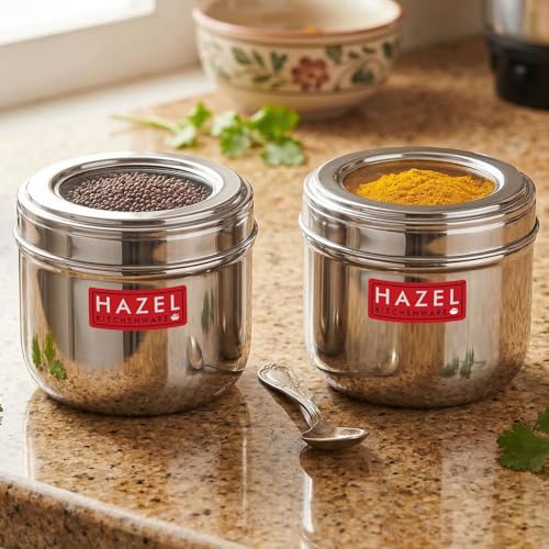 Image of HAZEL Steel Storage Containers with Clear View Lid 450ml, Pack of 2 | Food Organizer Dabba for Kitchen, Snacks & Leftovers