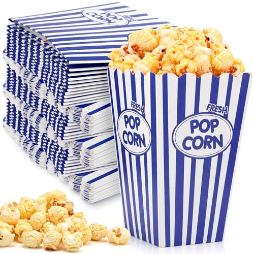 Image of Xinnun 100 Pcs Popcorn Boxes 32 oz Classic Stripe Paper Popcorn Buckets Bulk Disposable Oil Proof Container Vintage Retro Open Top Holders for Movie Night Supply Theater Carnival Party(Dark Blue)