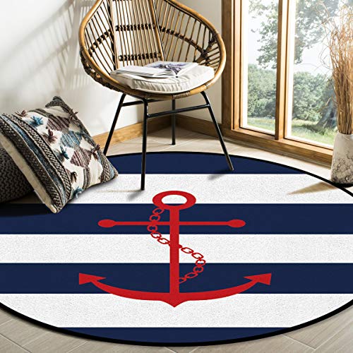 Round Area Rugs, Nautical Red Anchor Indoor Entryway Doormat Throw Runner Rug Floor Carpet Pad Yoga Mat for Living Room Bedroom Blue and White Stripes 5Feet - Image 2