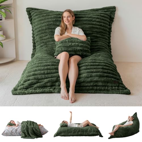 Image of MAXYOYO Giant Bean Bag Chair with Pillow, 3 in 1 Convertible Bean Bag Chair for Adults with Removable Cover, Floor Cushion Stuffed Floor Lounger for Living Room Bedroom, Dark Green