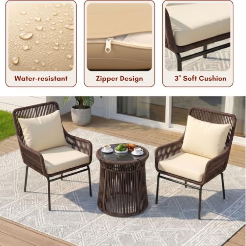 Image of DEVOKO Outdoor 3 Piece Patio Rope Chair Table Set All Weather-Resistant Cushion Handmade Furniture Perfect for Balcony, Garden, Patio, Terrace(Brown & Cream)