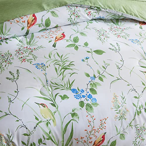 Jeyfull Green Leaves Floral 7 Piece Comforter Set Queen Size Colorful Flowers Birds Bed In A Bag Branch Pattern Printed On White Bedding Set With Sheets And Pillows #TOP4