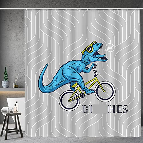 Image of Aimego Funny Shower Curtain Blue Dinosaur Ride A Bike Pattern Cute Dino Pattern Shower Curtain Set with 12 Hooks for Bathroom Decor Accessories Bathtub Curtain, 72 inchx72 inch