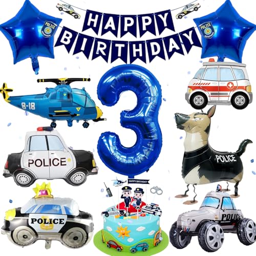Decoracion Cumpleaños Policia 3 años, 17pcs Globo de Policía para Cumpleaños, Globos de Coche de Policía, Decoración de Policía para Cumpleaños Infantil, Policía Pancartas, para Fiestas, Cumpleaños