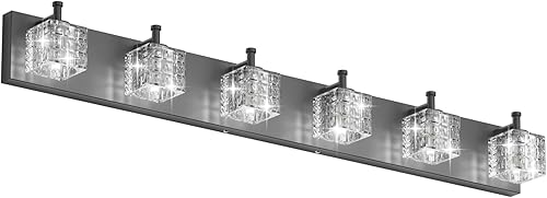 Miniatura 13 de Ralbay - Lámparas de tocador de baño cromadas 5 luces, lámpara moderna de tocador LED cromada sobre espejo, lámparas de tocador de cristal modernas