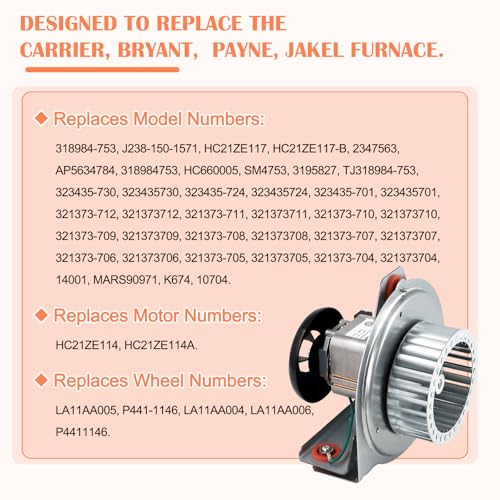 Image of Hiorucet HC21ZE117 318984-753 Inducer Motor Assembly for Carrier Payne Bryant, Jakel J238-150-1571 Furnace Draft Inducer Blower Motor HC21ZE117-B with HC21ZE114A Motor and LA11AA005 Blower Wheel.