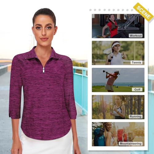 Image of Cucuchy Style Womens Golf Shirt 3 /4 Sleeve Quarter Zip Workout Tennis Tops Quick Dry UPF 50+ Shirts