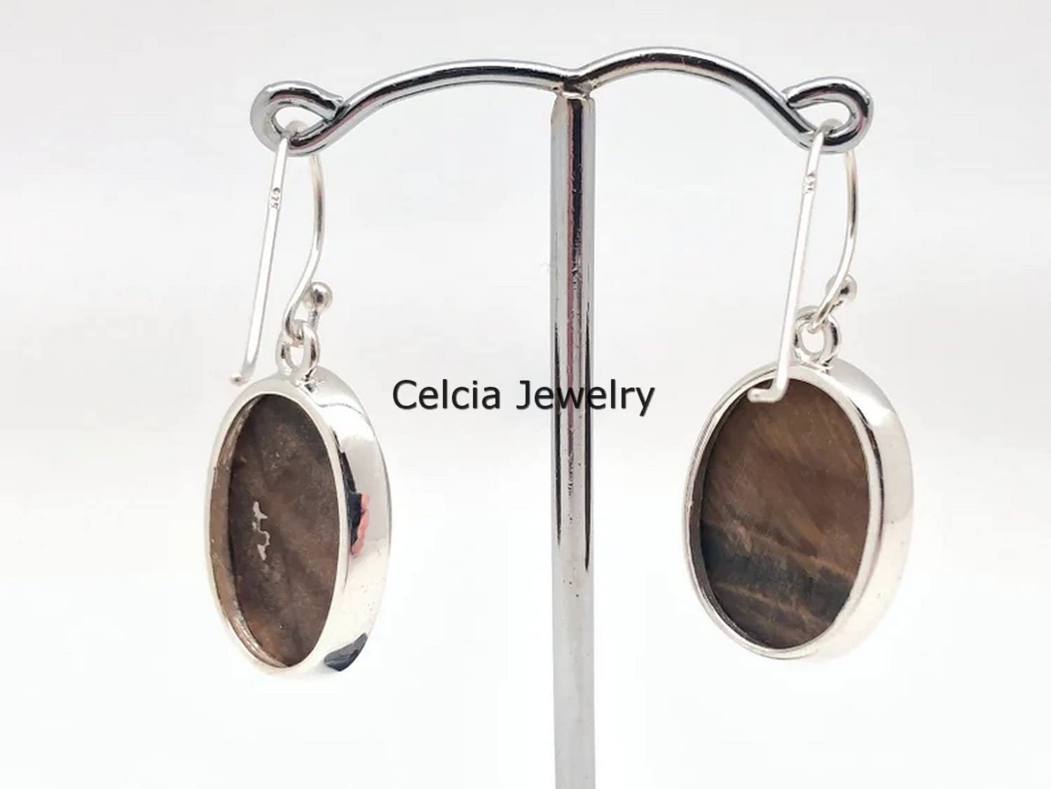 Pendientes colgantes de plata de ley 925 auténtica para mujer, cabujón de ojo de tigre Natural, piedras preciosas ovaladas, joyería hecha a mano única para ella