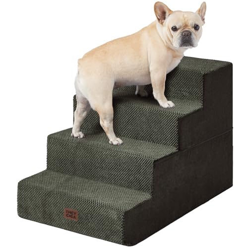 Image of EHEYCIGA Dog Stairs for Bed 20 inch H, 4-Step Extra Wide Dog Steps for High Bed, Pet Steps for Small Dogs and Cats, Non-Slip Balanced Pet Ramp Indoor, Military Green