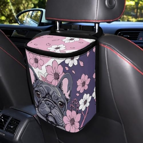 Image of Talayituse French Bulldog Cherry Blossom Print Car Trash Can with Lid, Leak Proof Auto Trash Bag Hanging Vehicle Garbage Can Multipurpose Storage Container for Back Seat Road Trip