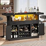 Loomie Bar Table Cabinet with LED & 3 Drawers,Liquor Bar with Adjustable Storage Shelves & Stemware Holders, Crescent Shaped Counter for Home Pub, Wine Alcohol Bar Stand with Door & Wine Rack (Black)