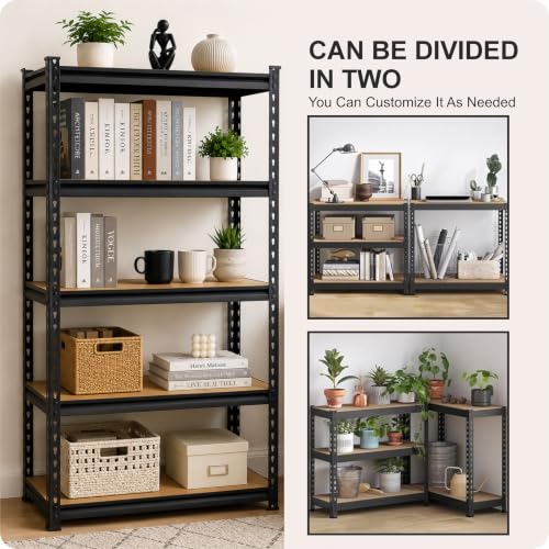 Image of TEKCOOL 5-Shelf Adjustable Boltless Metal Shelving Unit /60 x 24 x 12 Inch Metal Storage Rack with Wooden Planks /Standing Shelf Unit for Home /Garage /Office & Shop /Utility Display Rack (Black);