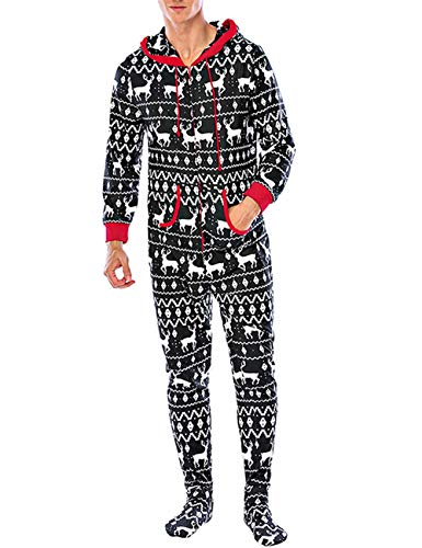 Men's Cozy Christmas Onesie Pajamas Elk Snowflake Adult Holiday Cozy Jumpsuit Adult Nightwear Romper (Black, M)